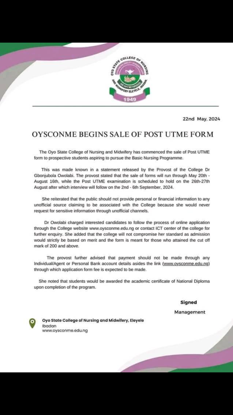 Oyo State College Of Nursing And Midwifery Begins Sale Of 2024/2025 Admission Forms