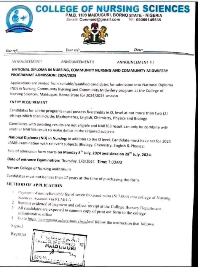 College Of Nursing Sciences, Maiduguri, Borno State Begins Sales Of 2024/2025 Admission Forms