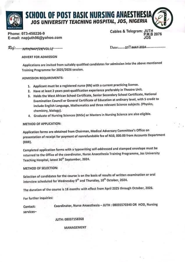 School Of Post-Basic Nursing Anesthesia, Jos University Teaching Hospital Begins Sale Of 2025/2026 Admission Form School Of Post-Basic Nursing Anesthesia, Jos University Teaching Hospital Begins Sale Of 2025/2026 Admission Form
