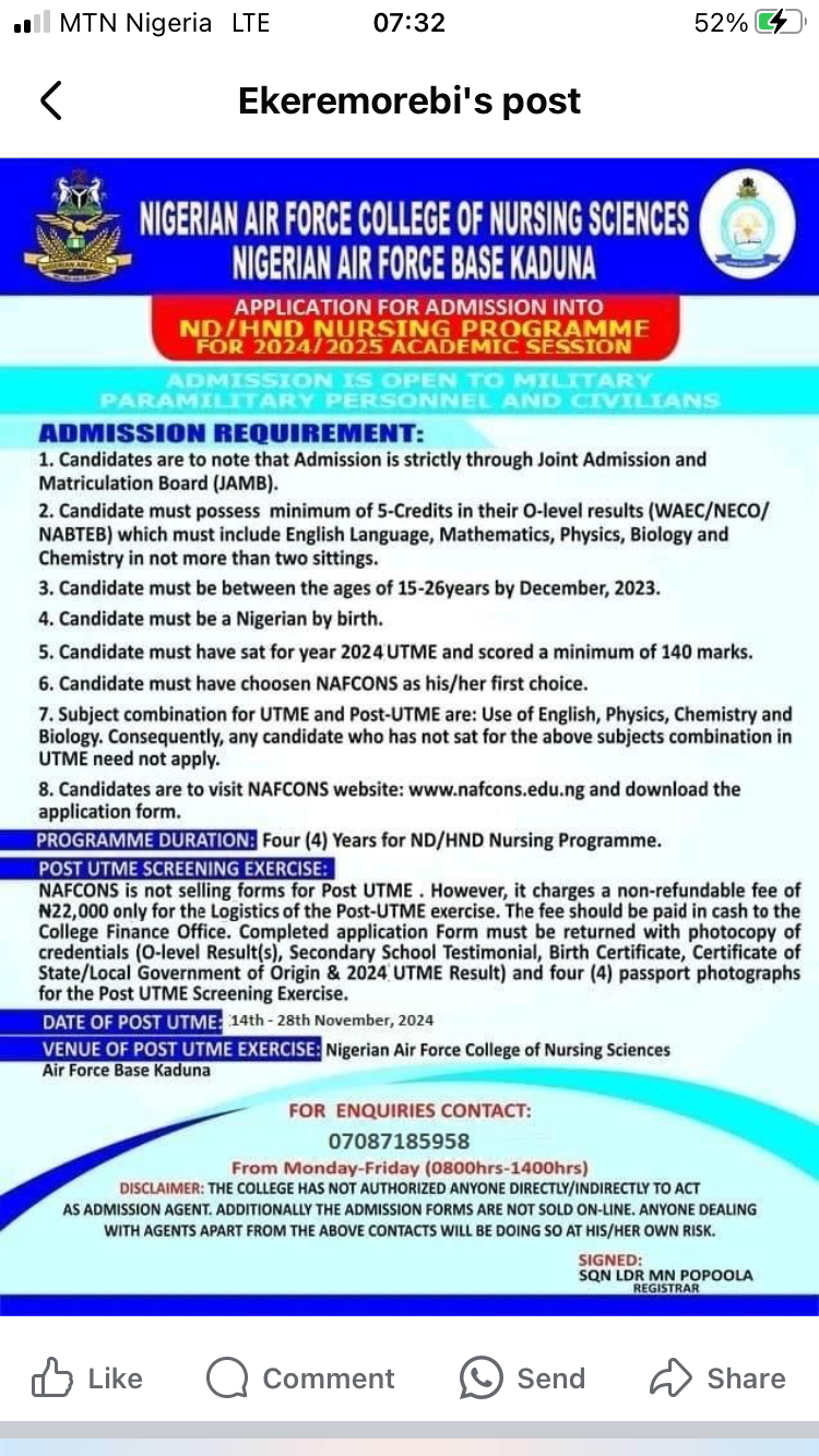 Nigerian Air Force College Of Nursing Sciences, Kaduna, Begins Sale Of 2024/2025 Admission Forms Nigerian Air Force College Of Nursing Sciences, Kaduna, Begins Sale Of 2024/2025 Admission Forms
