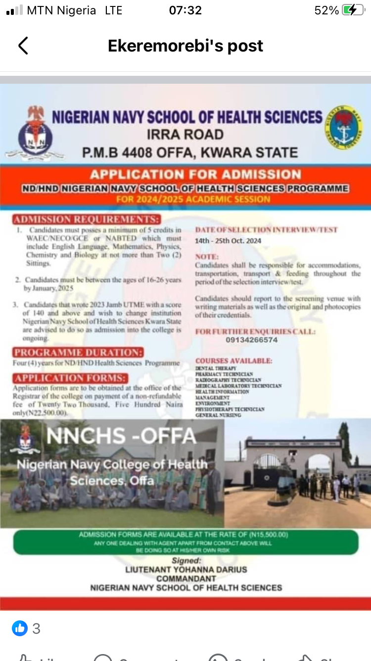 Nigerian Navy School Of Health Sciences, Kwara State Begins Sale Of 2024/2025 Admission Forms Nigerian Navy School Of Health Sciences, Kwara State Begins Sale Of 2024/2025 Admission Forms