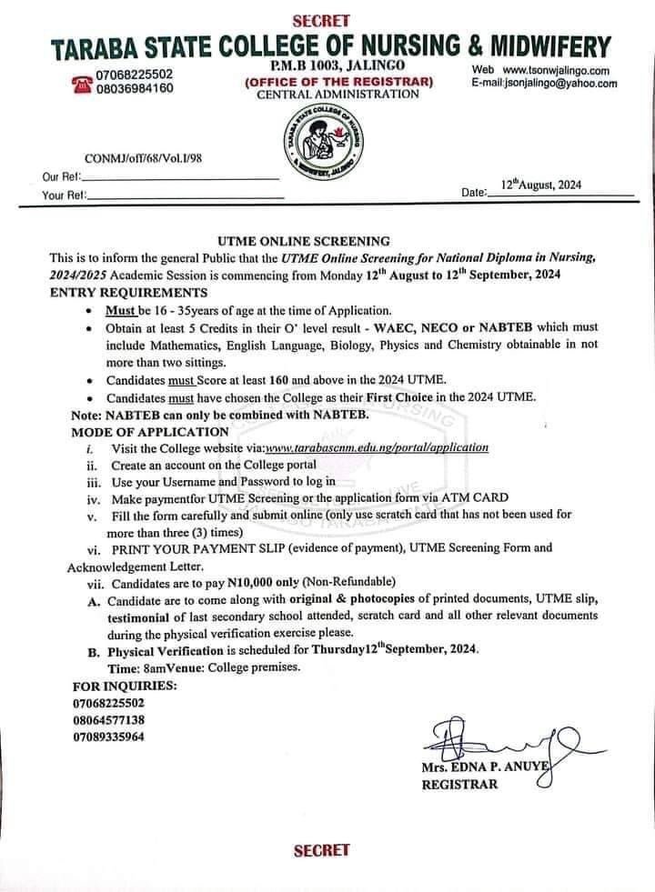 Taraba State College Of Nursing and Midwifery, Jalingo Begins Sales Of 2024/2025 Admission Forms Taraba State College Of Nursing and Midwifery, Jalingo Begins Sales Of 2024/2025 Admission Forms