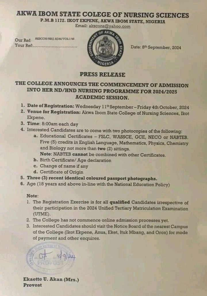 Akwa Ibom State College Of Nursing Sciences Begins Sale Of 2024/2025 Admission Forms
