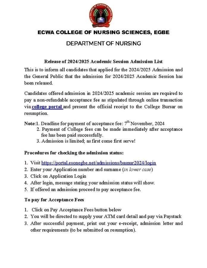 Ecwa College of Nursing Sciences, Egbe 2024/2025 Admission List Ecwa College of Nursing Sciences, Egbe 2024/2025 Admission List