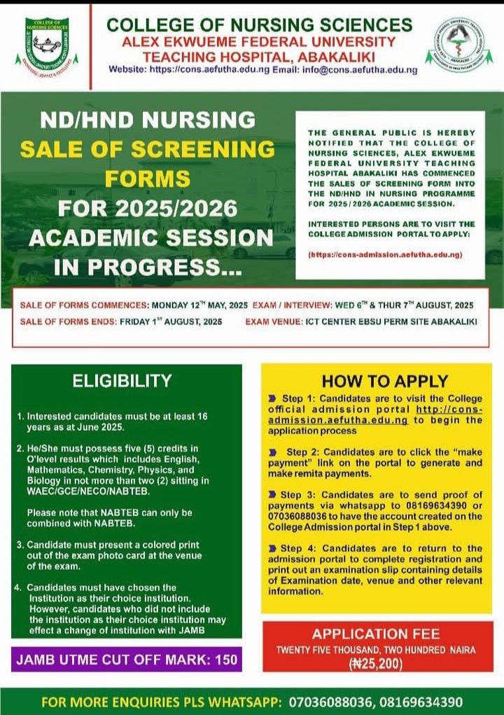 College Of Nursing Sciences Alex Ekwueme Federal University Teaching Hospital, Abakaliki Begins Sales Of 2025/2026 Admission Forms
