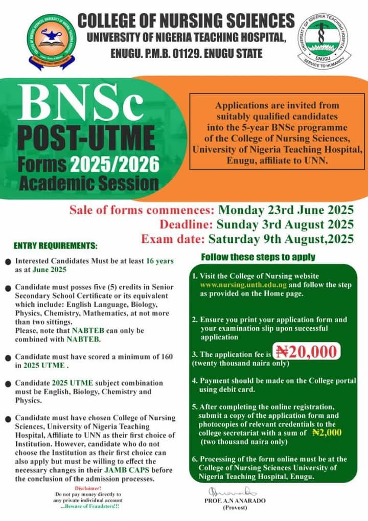 College Of Nursing Sciences, University Of Teaching Hospital Enugu Begins Sales Of 2025/2026 Admission Forms